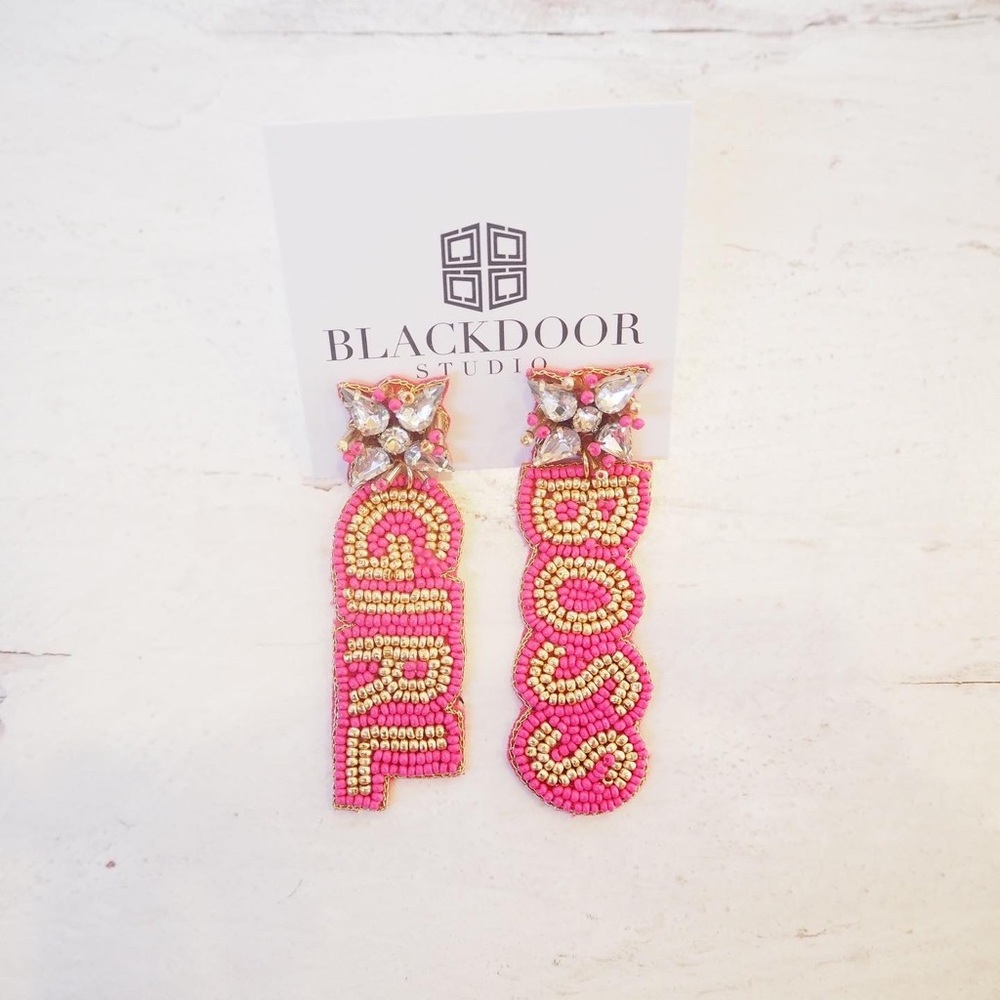 Beaded Pink & Gold Girl Boss Earrings